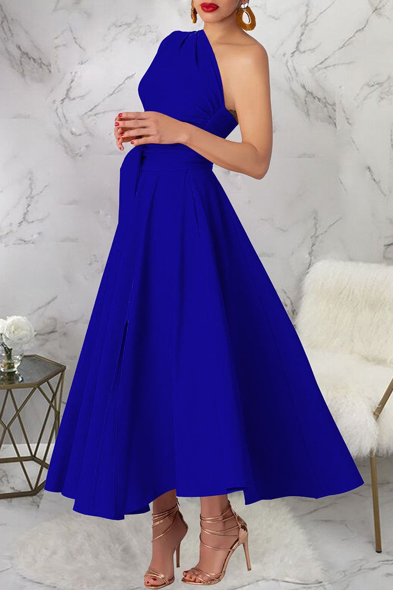 Casual Solid Color Slit Oblique Collar Long Dresses