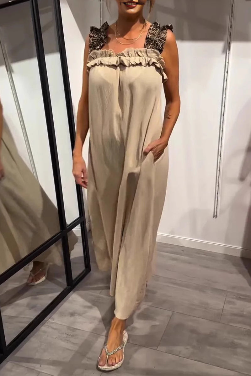 Casual Leopard Pocket Patchwork Flounce Square Neck Long Dresses(8 Colors)