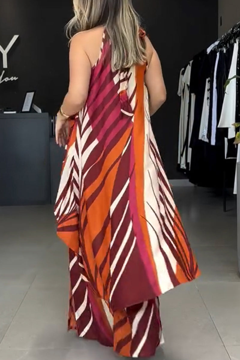 Casual Striped Print Lace Up Irregular Contrast O Neck Sleeveless Two Pieces