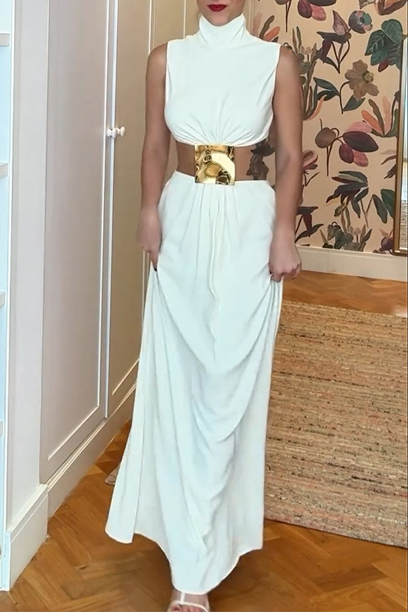 Sexy Solid Color Hollow Out Metal Accessories Trim Turtleneck Long Dresses