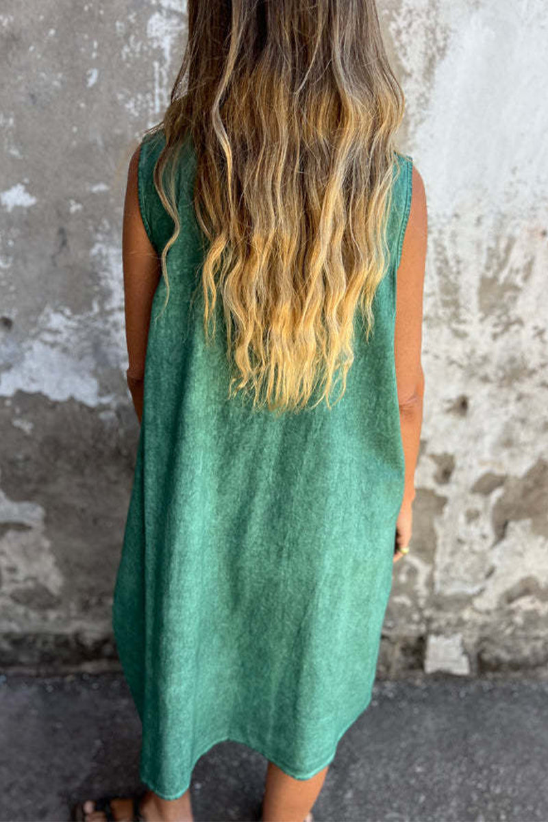Casual Solid Color Pocket Buttons O Neck Sleeveless Dresses