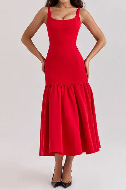 U Neck Sleeveless Ruffle Bodycon Midi Dress Red