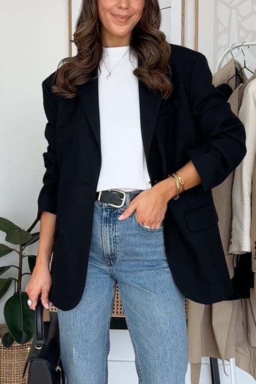 Notch Lapel Button Down Office Blazer Jacket Black