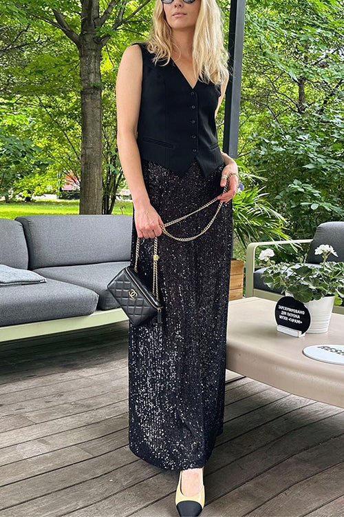 Elastic Waist Sequin A-line Maxi Skirt Black