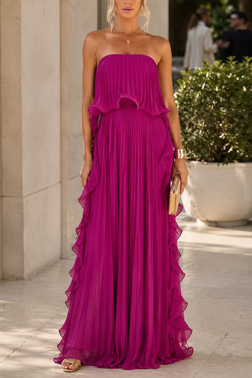 Strapless Tube Ruffle Hem Pleated Maxi Dress