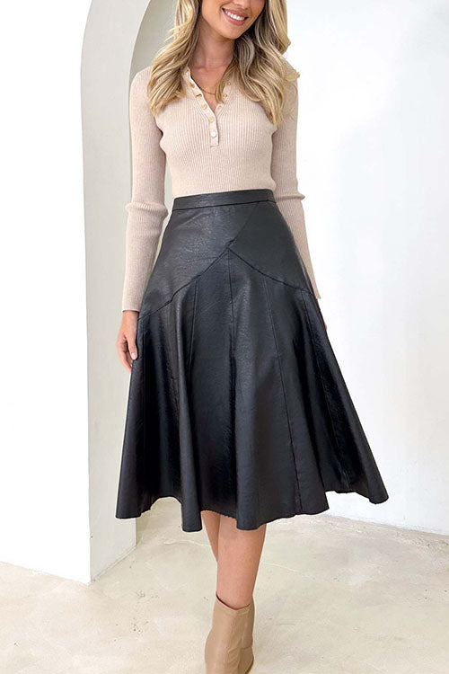 High Waist Faux Leather A-line Flare Midi Skirt