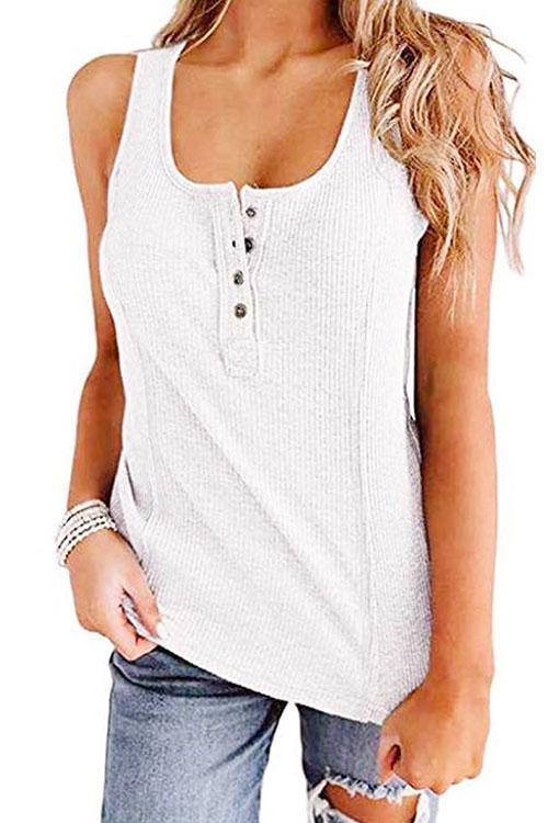 Buttons Sleeveless Stretchy Top White