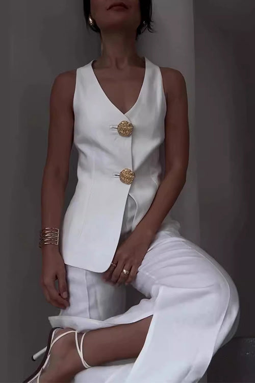 V Neck Button Up Vest Top and Slit Wide Leg Pants Linen Suit Set White