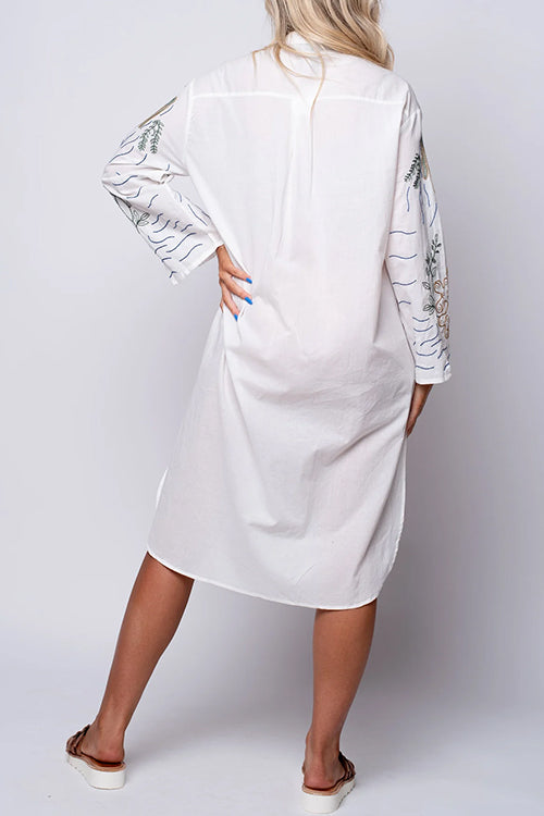 V Neck Long Sleeves Side Split Embroidery Shirt Dress