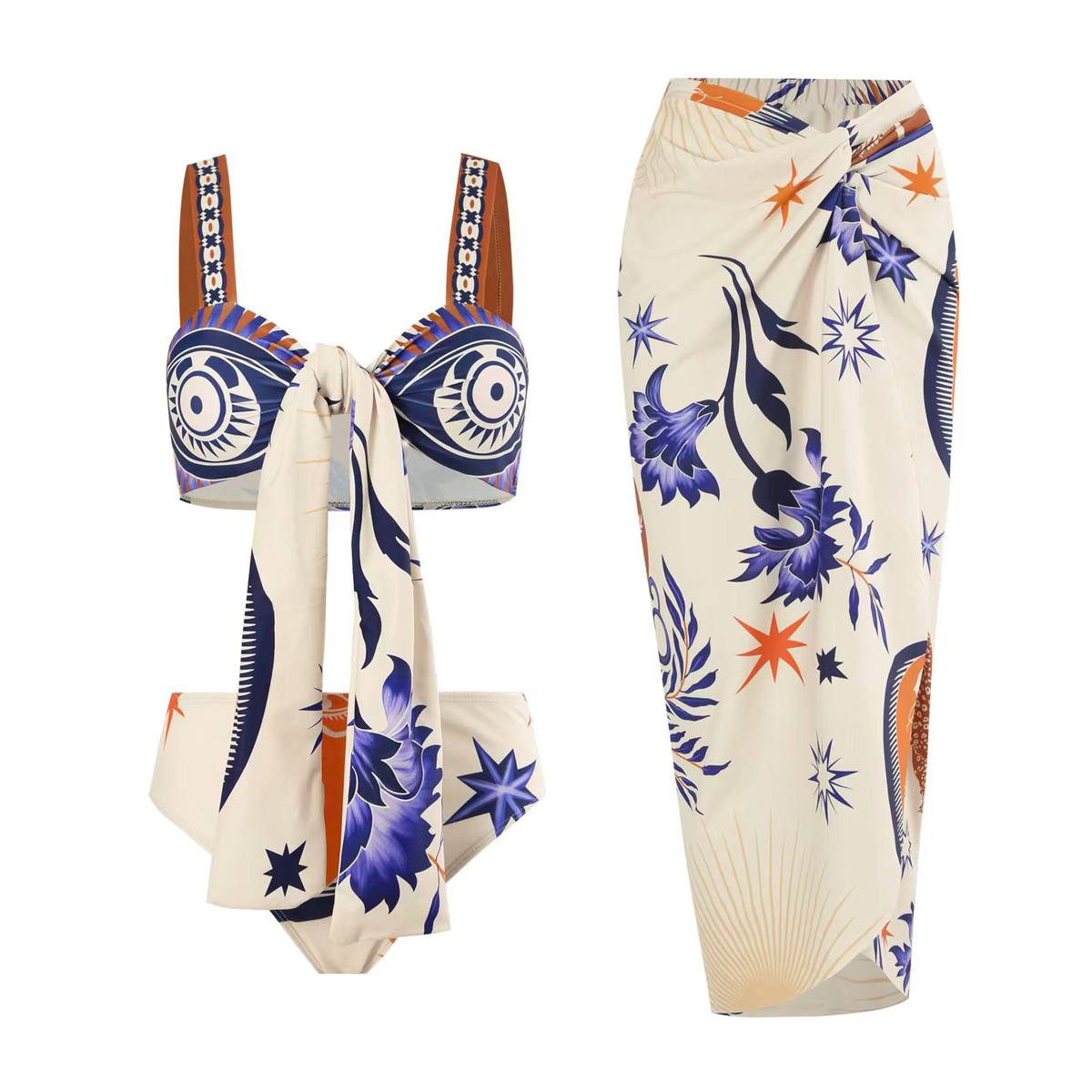 Printed Tie Front Two Piece Biniki and Twist Cover Up Skirt Set Beige