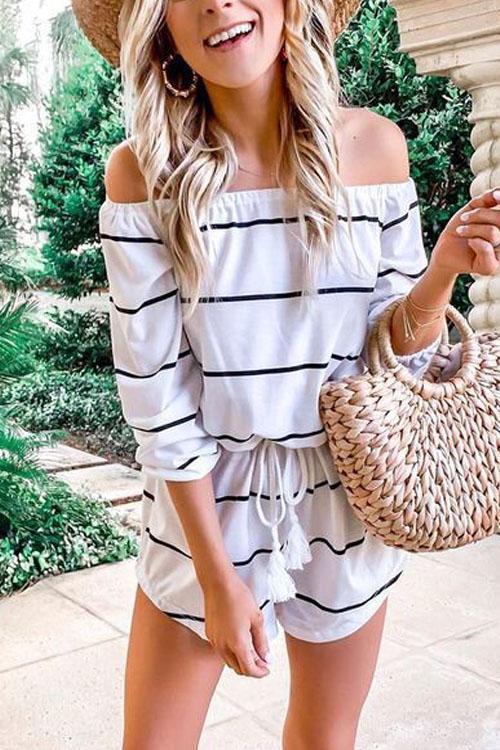 Off Shoulder Drawstring Waist Striped Shorts Jumpsuit White