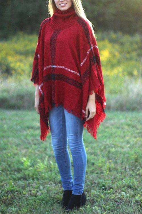 Tassel Color Block Classic Cloak Poncho Sweater Red OneSize