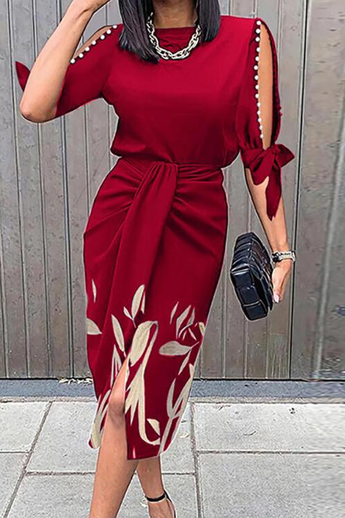 Hollow Out Half Sleeve Slit Printed Dress Red