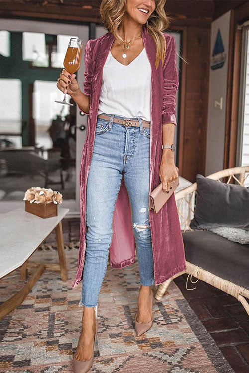 Stylish Lapel Open Front Long Sleeve Velvet Coat HotPink