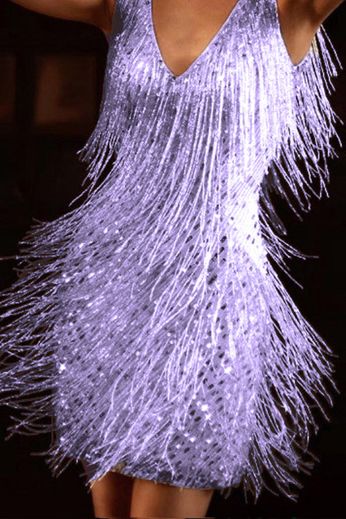 Tassel V Neck Sleeveless Glitter Pencil Dress Violet