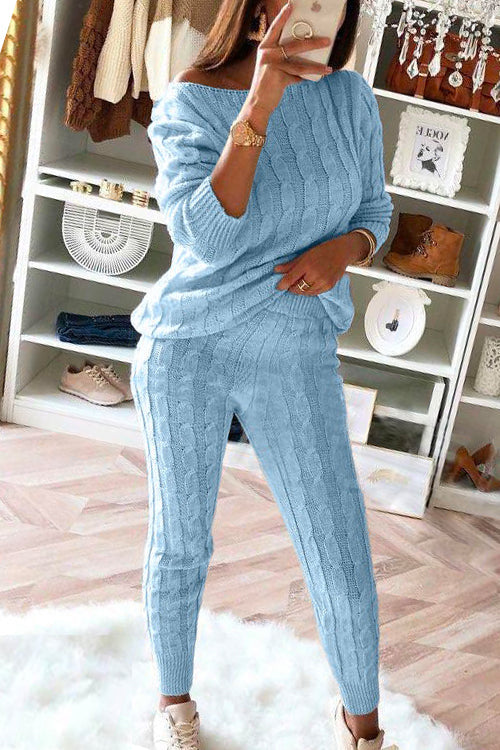Crewneck Long Sleeve Sweater and Slim Fit Pants Solid Set LightBlue