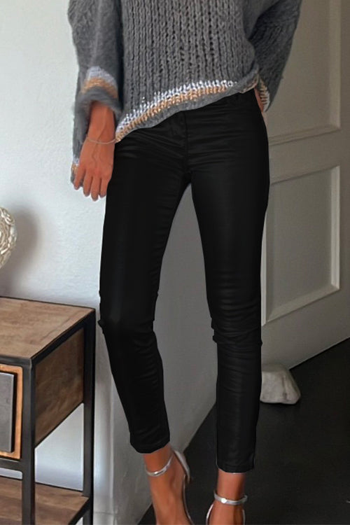 Slim Fit Faux Leather Leggings Pants with Pockets Black