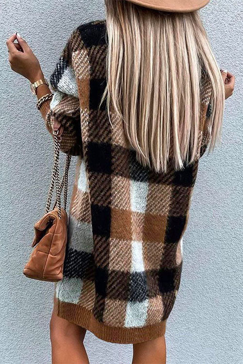 V Neck Long Sleeve Plaid Sweater Dress