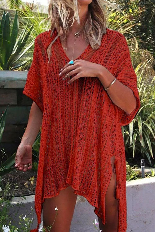 V Neck Hollow Out Printed Cover Up Dress RustRed OneSize