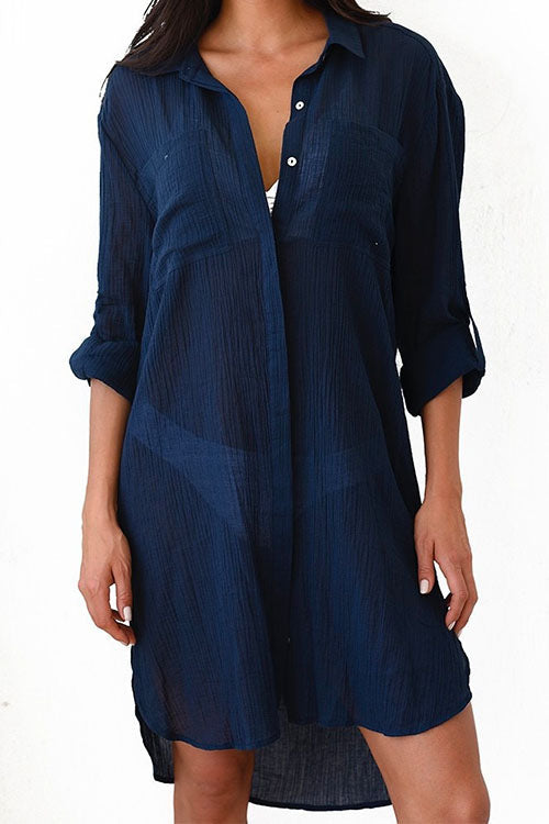 Long Sleeve Beach Blouse Shirt with Pockets DarkBlue OneSize