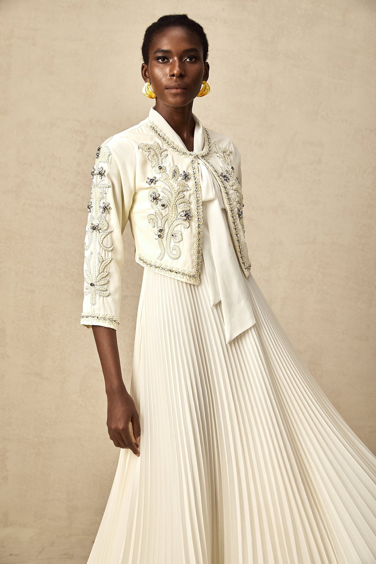 Blanche White Embellished Pleated Two-Piece Jacket and Dress Set