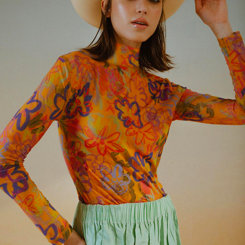 Turtleneck Long Sleeves Floral Slim Fit Top Orange