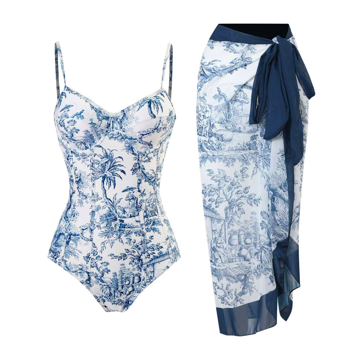 Push Up Padded One-piece Swimsuit and Wrap Cover Up Skirt Printed Set Blue