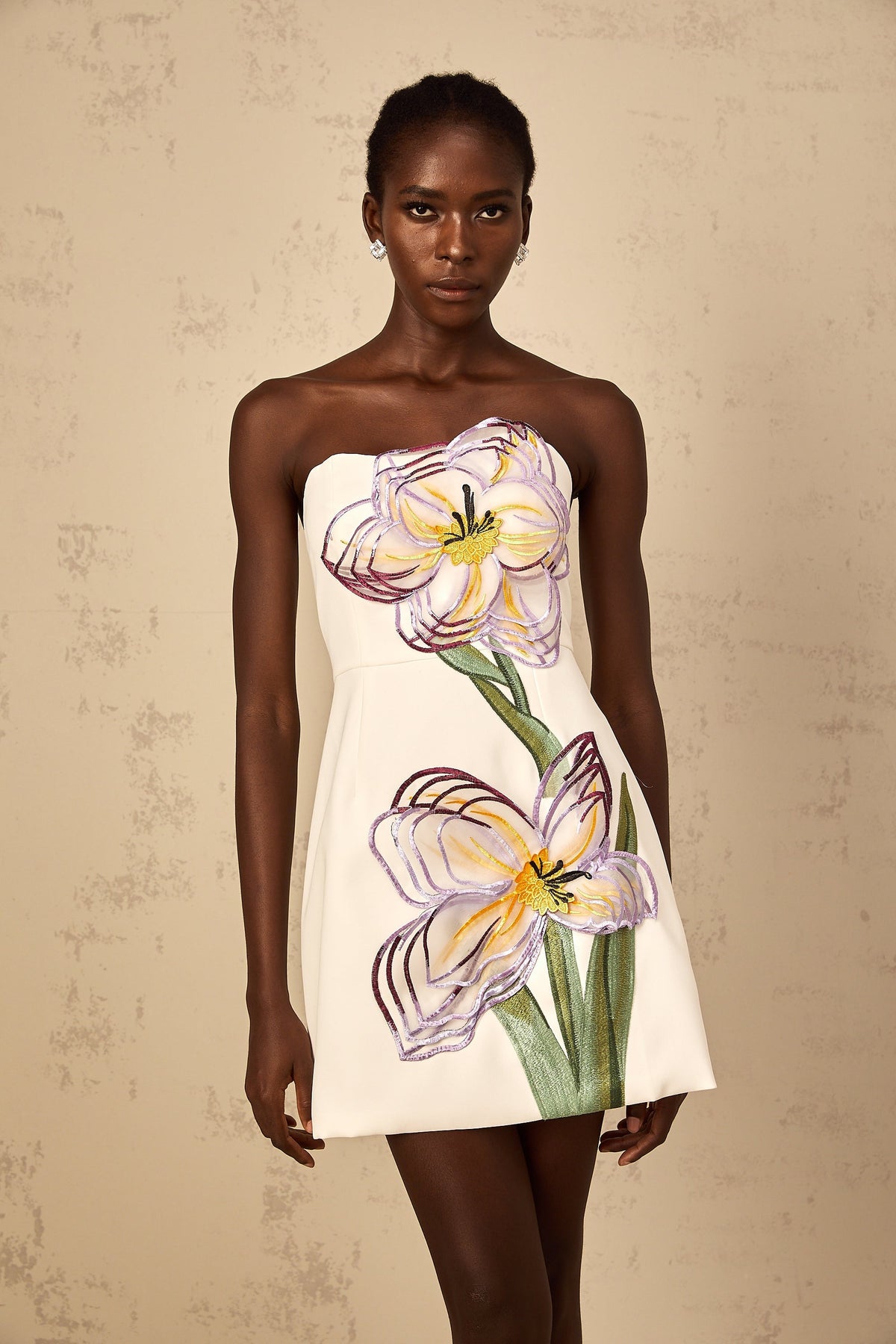 Irène White Off-Shoulder Sequin Floral Embroidered Mini Dress