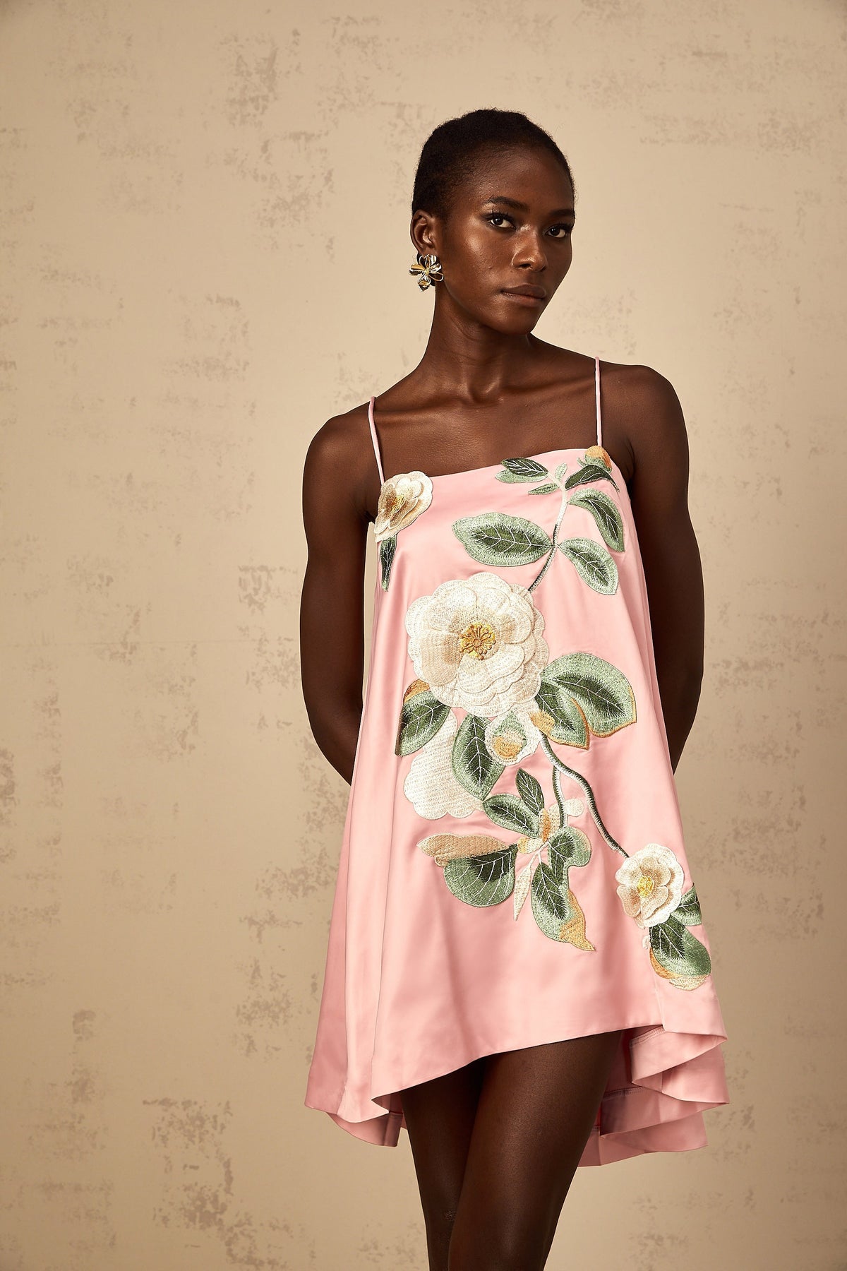 Avril Pink Floral Embroidered Satin Mini Dress
