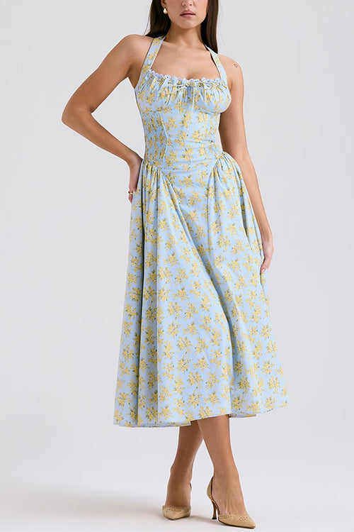 Tie Knot Halter Floral Print Swing Midi Sundress