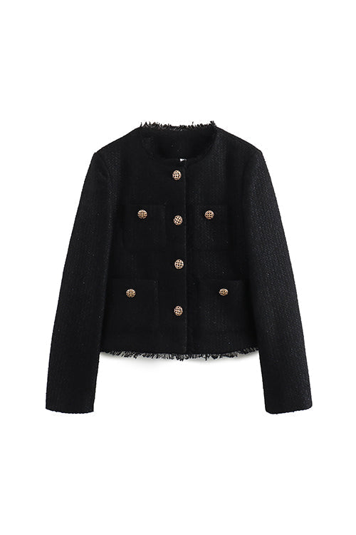 Button Up Frayed Hem Short Tweed Jacket