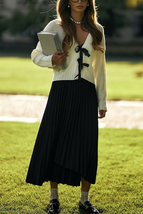 V Neck Bow Tie Front Elegant Sweater