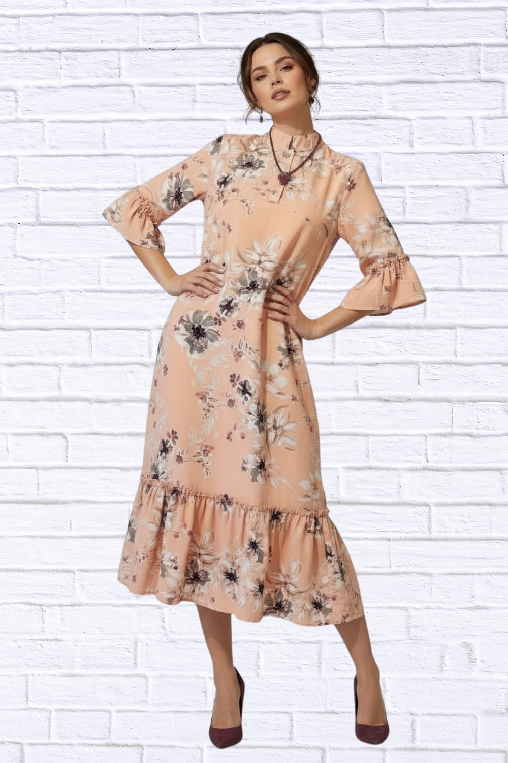 🌸 Peach Floral Ruffle Hem Midi Dress with 3/4 Sleev