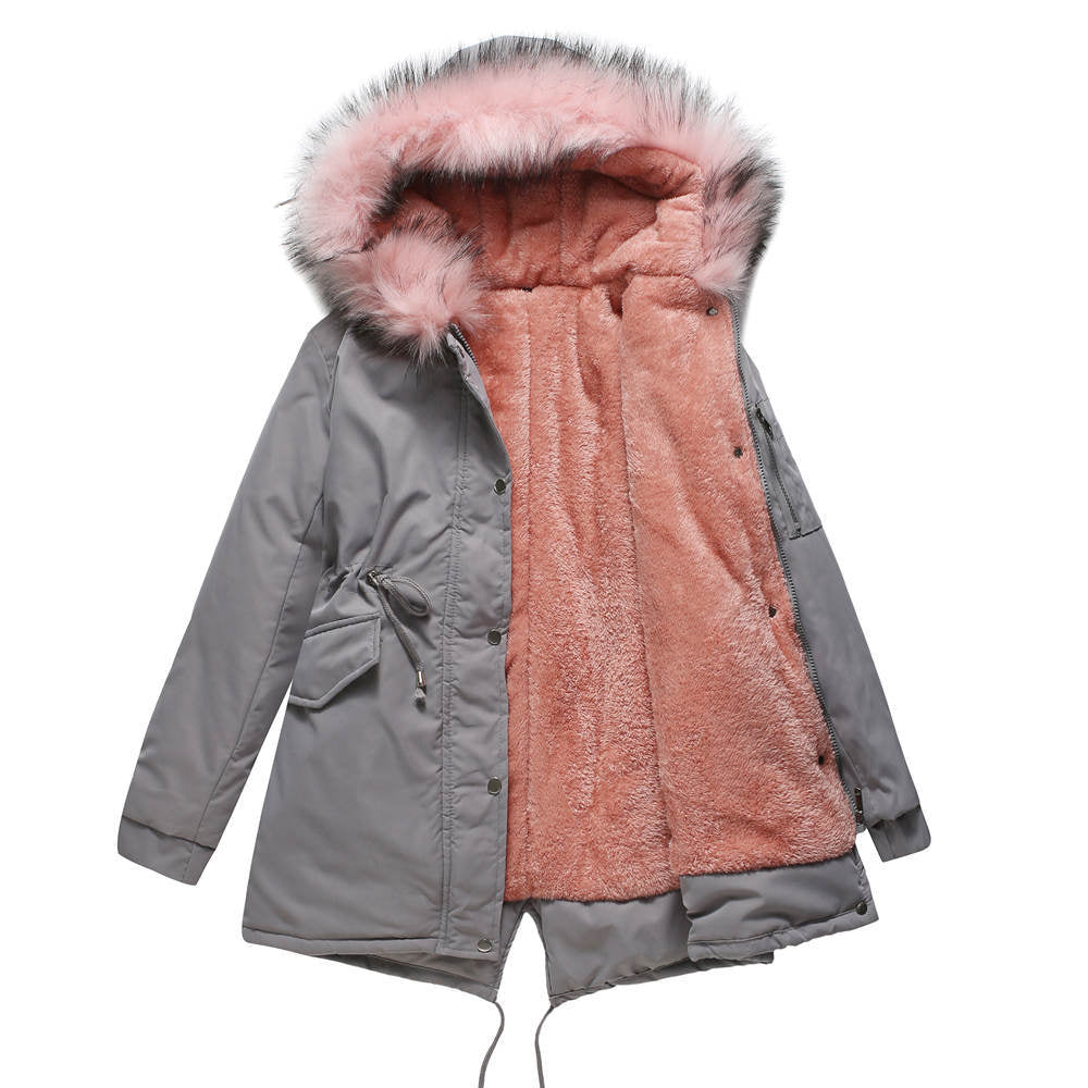 Big Fur Collar Cotton-Padded Coat Mid-Length Pink