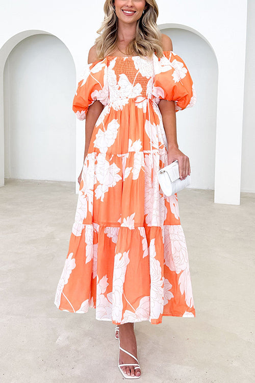 Off Shoulder Puff Sleeves Tiered Printed Midi Swing Dress Orange