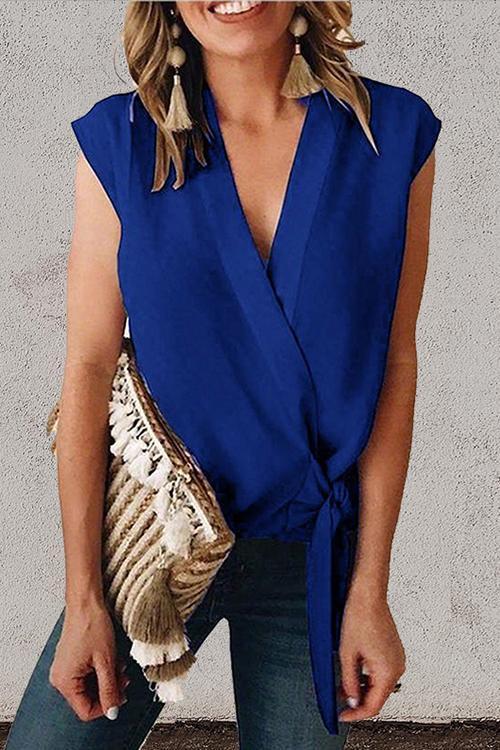 Solid V Neck Tie Waist Wrapped Top NavyBlue