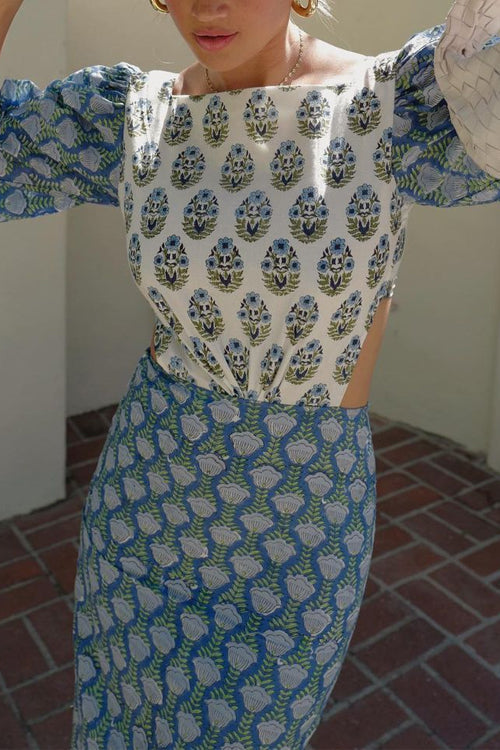 Lantern Sleeves Bow Back Cut Out Printed Midi Dress
