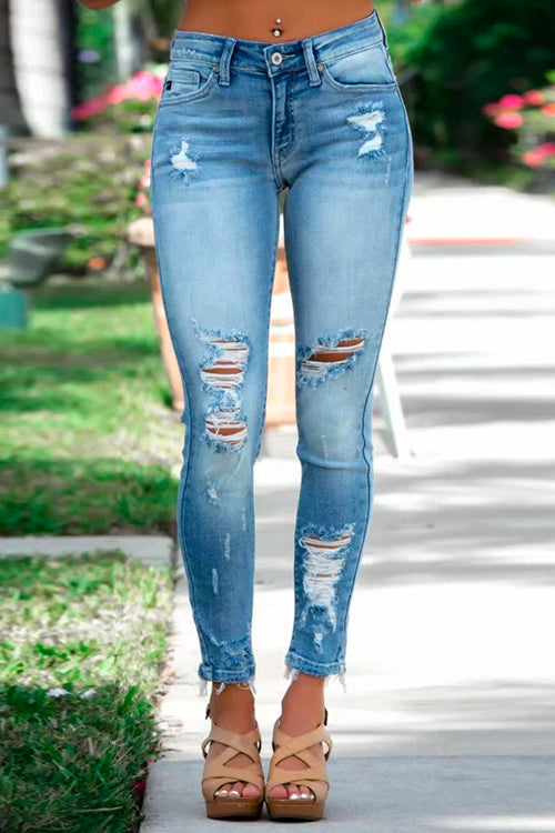 Raw Hem Ripped Stretch Pencil Jeans