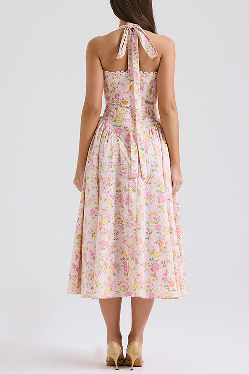 Halter Tie Front Waisted Floral Print Midi Dress