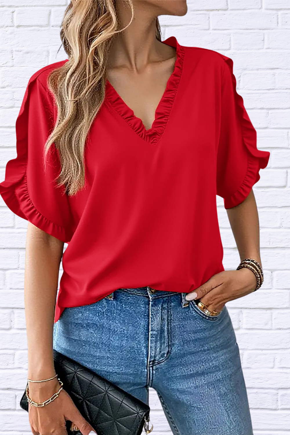 Ruffled V-Neck Short Sleeve Blouse Red