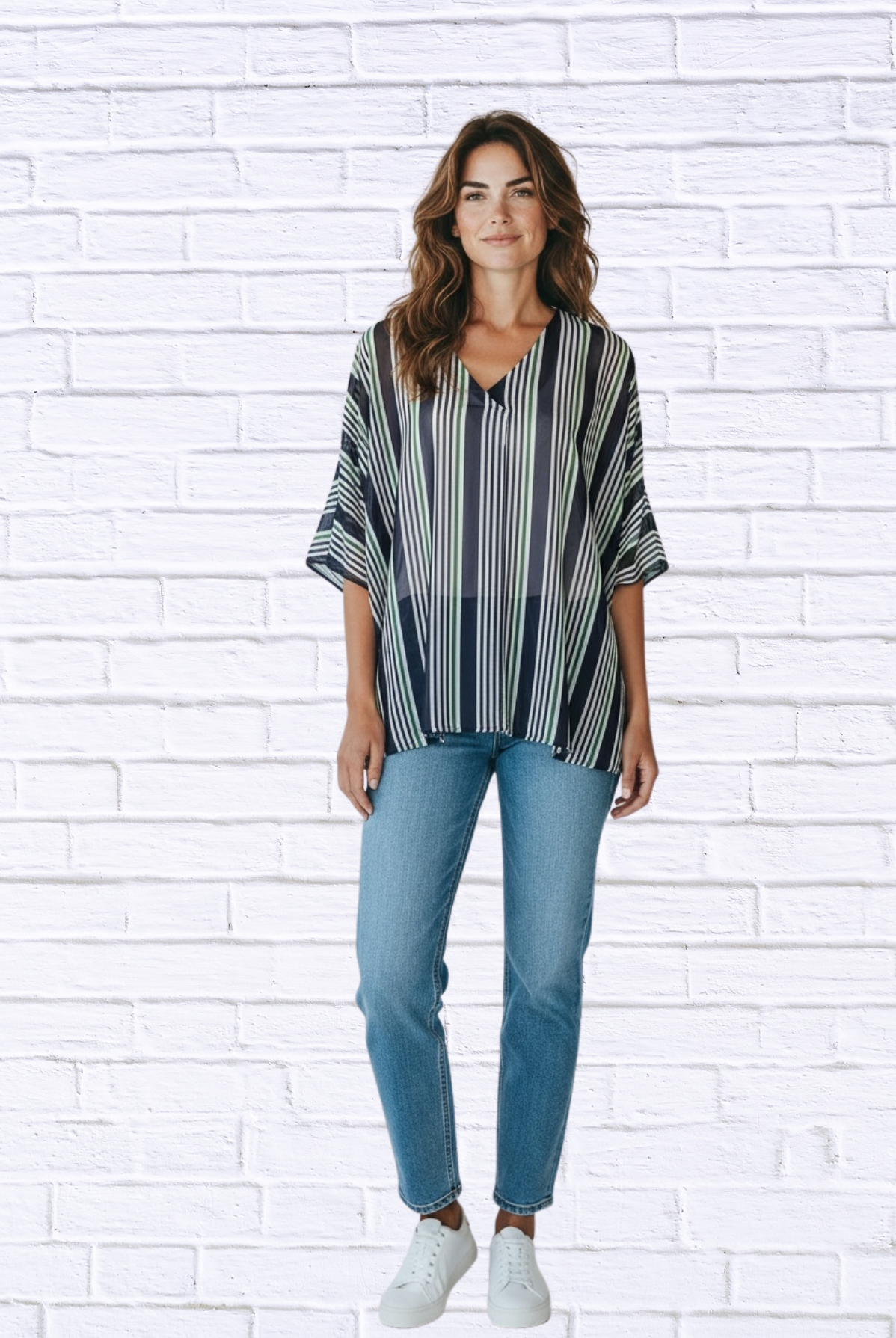 Striped Chiffon V-Neck Kaftan Top – Flowing Sheer Oversized Blouse for Women