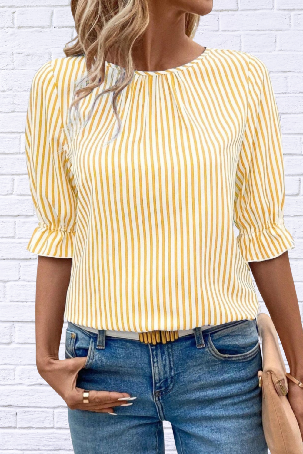 Striped Round Neck Half Sleeve Casual Blouse Yellow