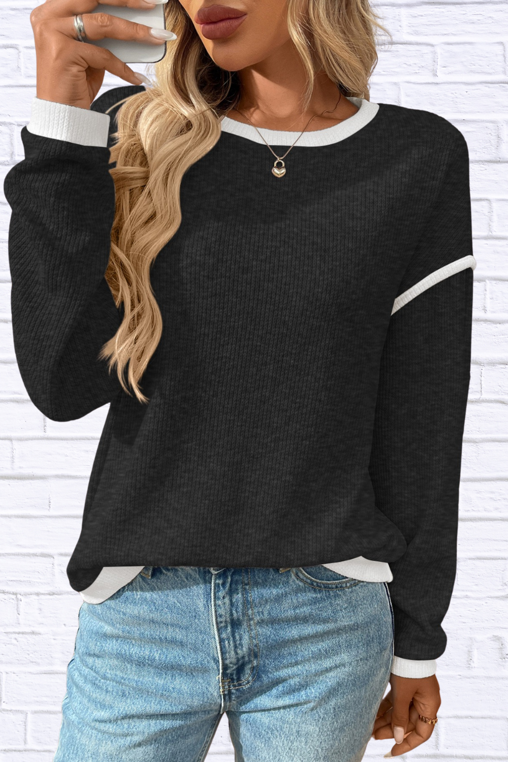 Ribbed Contrast Trim Long Sleeve Top Black