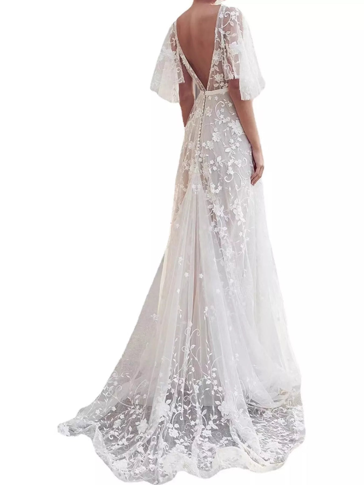 Lace V-Neck Maxi Dress with Flutter Sleeves