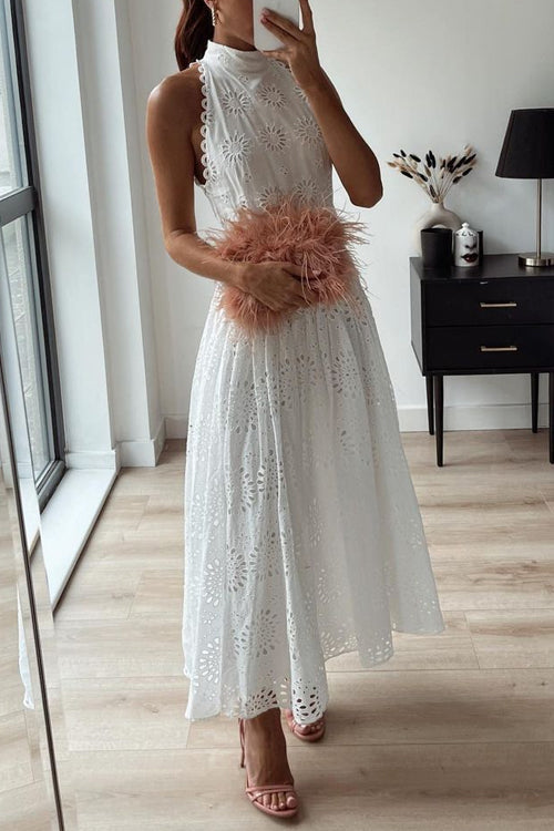 Mockneck Sleeveless Hollow Out Belted Maxi Dress