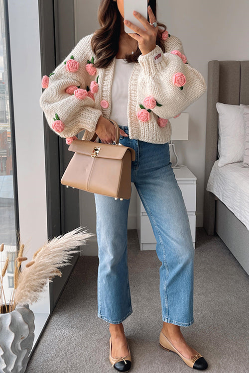 Button Down Flower Applique Sweater Cardigan