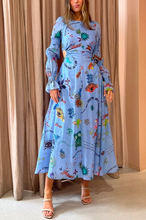 Balloon Long Sleeves Cut Out Graffiti Printed Flowy Midi Dress
