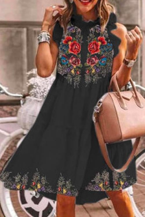 Floral Printed Ruffle Tiered Fairy Dress Black