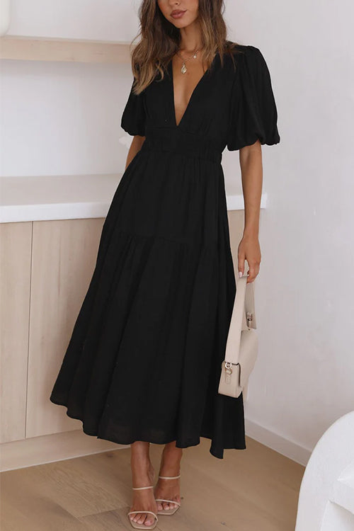 V Neck Lantern Sleeves Waisted Ruffle Maxi Dress Black