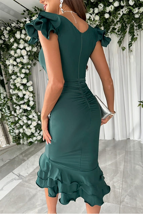 Mesh V Neck Ruched Ruffle Bodycon Midi Party Dress